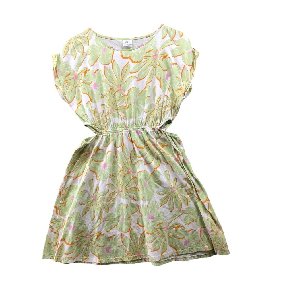 Zara Girls 13-14 Summer Dress Cut Out Sides Palm Print Green Cotton Tropical